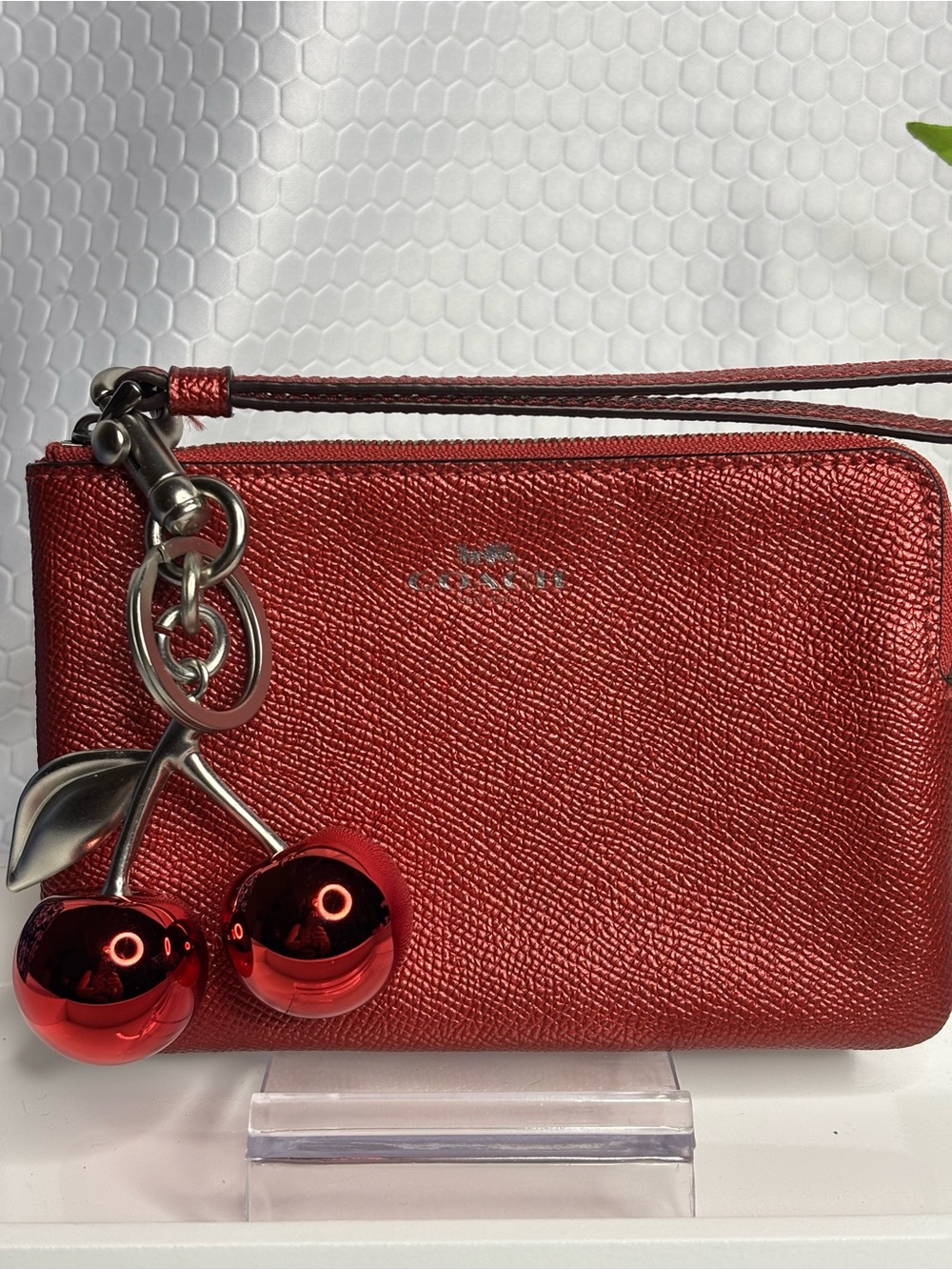 Coach Red Leather Wristlet Clutch with Cherry Charm